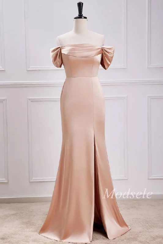 Champagne Off-the-Shoulder Mermaid Maxi Dress with Slit Comfortable Maxi Dress with Belt