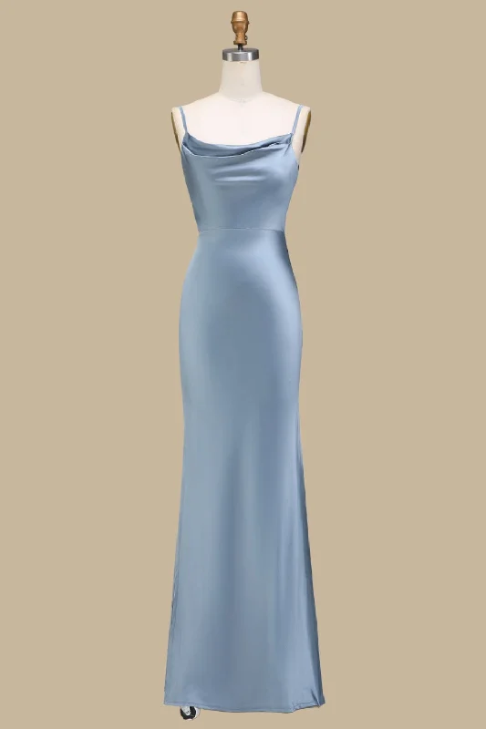 Cowl Neck and Back Maxi Dress in Dusty Blue Elegant Maxi Dress with Drapes