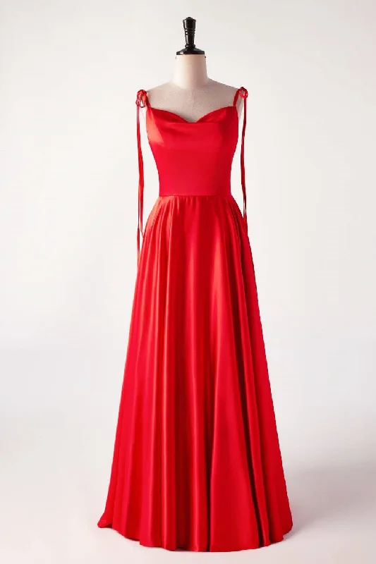 Cowl Neck Red Satin Long Maxi Dress Chic Off-Shoulder Maxi Dress