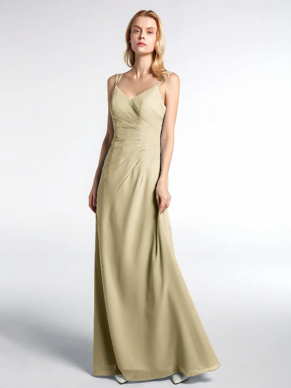 Double Straps Cross Back Chiffon Maxi Dress-Champagne Classic V-Neck Maxi Dress