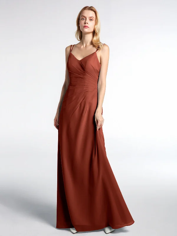 Double Straps Cross Back Chiffon Maxi Dress-Rust Comfortable Ruffle Hem Maxi Dress