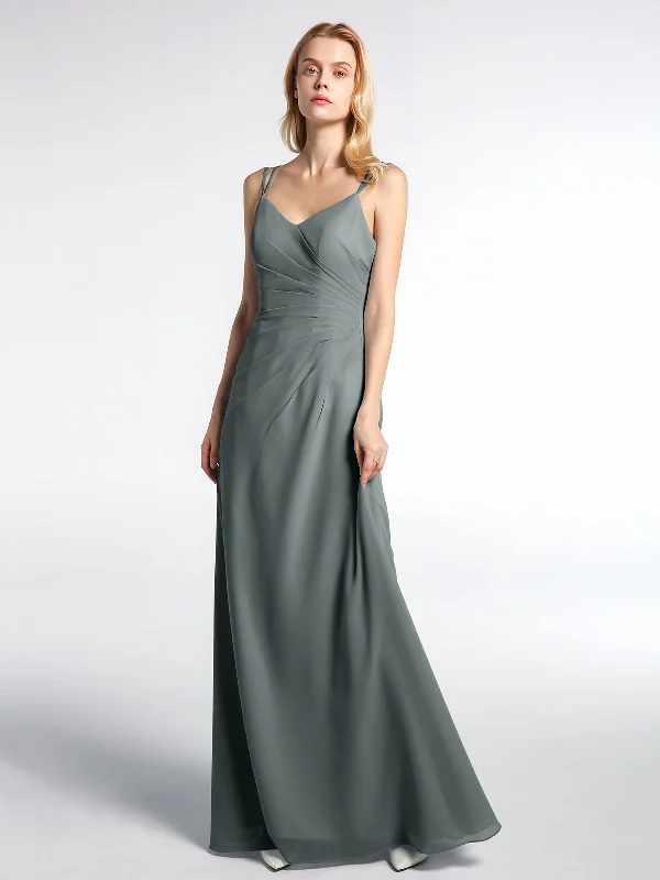 Double Straps Cross Back Chiffon Maxi Dress-Steel Grey Elegant Velvet Maxi Dress