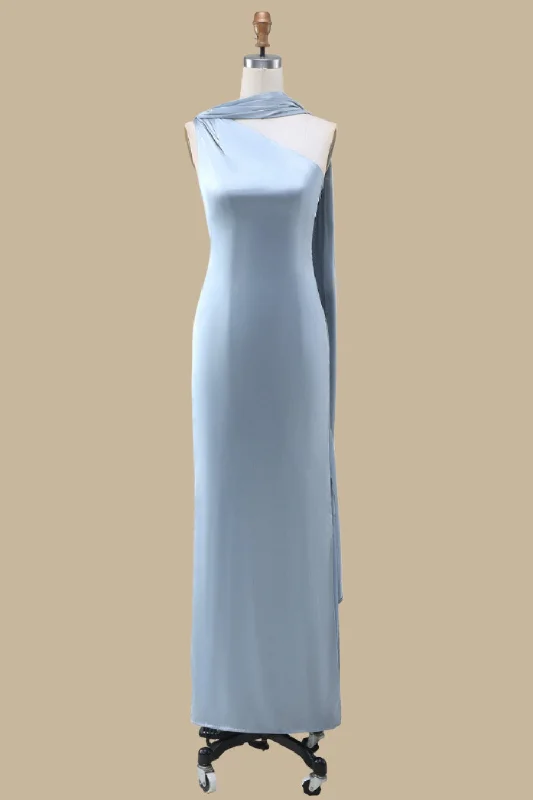 Dusty Blue One-Shoulder Maxi Dress with Sash Stylish Long Sleeve Maxi Dress