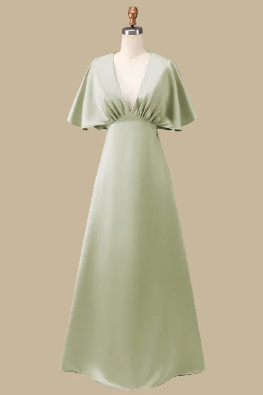 Dusty Sage Plunge V Maxi Dress with Half Sleeves Stylish Pleated A-Line Maxi Dress