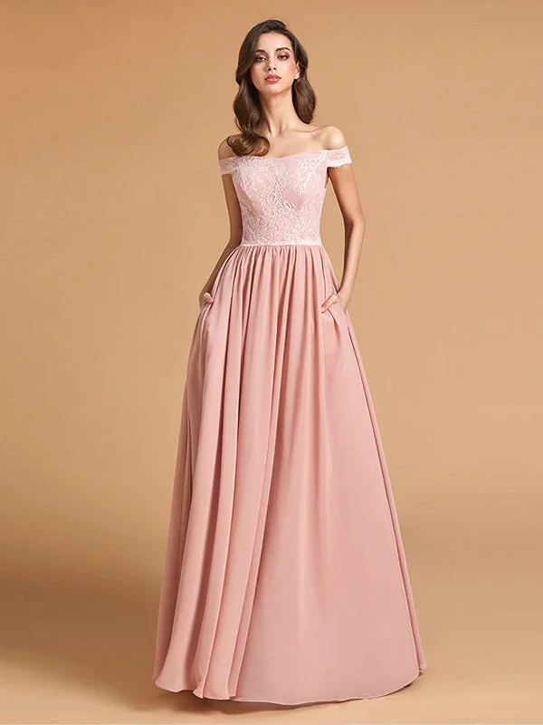 Elegant Off The Shoulder Bridesmaid Maxi Dresses with Pockets Trendy Printed Maxi Dress