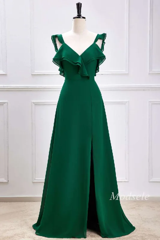 Emerald Ruffle Flutter Sleeve Maxi Dress with Slit Fashionable Faux Wrap Maxi Dress