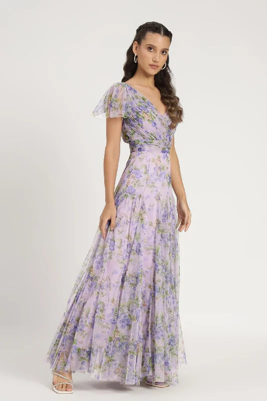 Gally Maxi Dress in Lilac Print Fashionable Sheer Maxi Dress