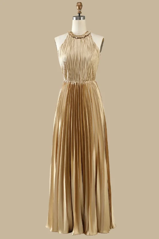 Gold Round Neck Ruffle Pleated Maxi Dress Trendy Maxi Dress with Bow