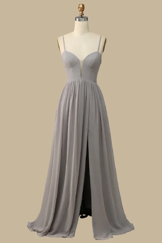 Gray Corset Cutout Back Chiffon Maxi Dress Stylish Maxi Dress with Frills