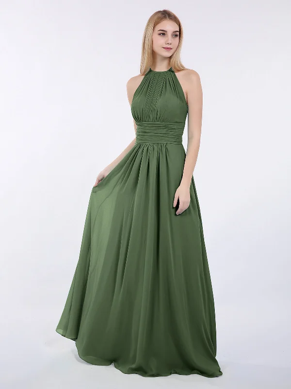 Halter Chiffon Maxi Dress of Bridesmaid Olive Green Comfortable Maxi Dress with Belt