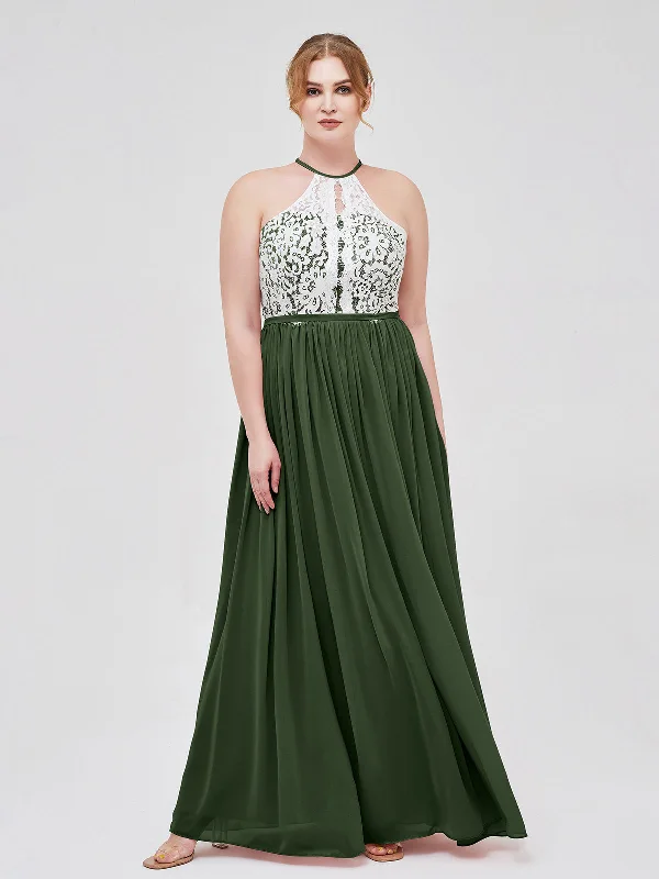 Halter Maxi Dress with Ivory Lace Bodice-Olive Green Elegant Maxi Dress with Ruffles