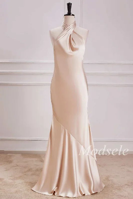 Halter Mermaid Maxi Dress in Champagne Comfortable Bohemian Maxi Dress