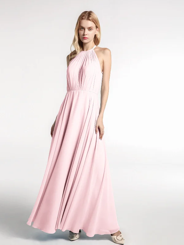 Halter Neck Chiffon Maxi Dress with Circle Skirt-Blushing Pink Comfortable Fit-and-Flare Maxi Dress