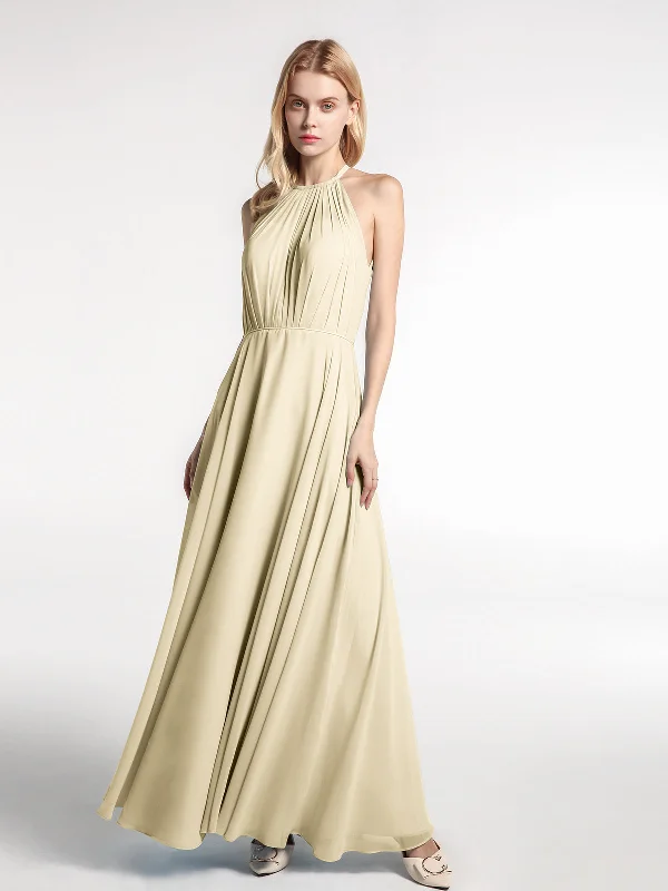 Halter Neck Chiffon Maxi Dress with Circle Skirt-Champagne Classic A-Line Maxi Dress