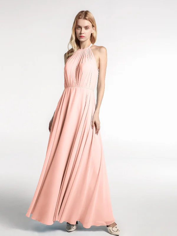 Halter Neck Chiffon Maxi Dress with Circle Skirt-Coral Fashionable Chiffon Maxi Dress