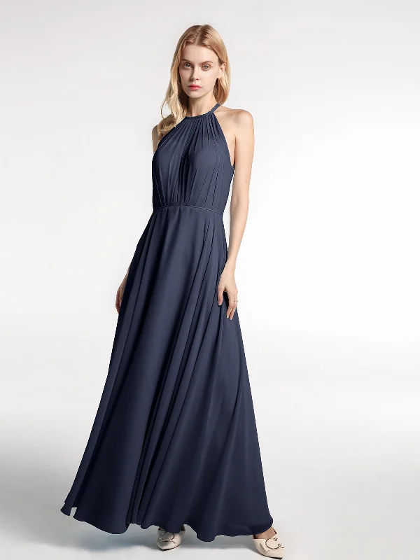 Halter Neck Chiffon Maxi Dress with Circle Skirt-Dark Navy Cozy Ruffle Sleeve Maxi Dress