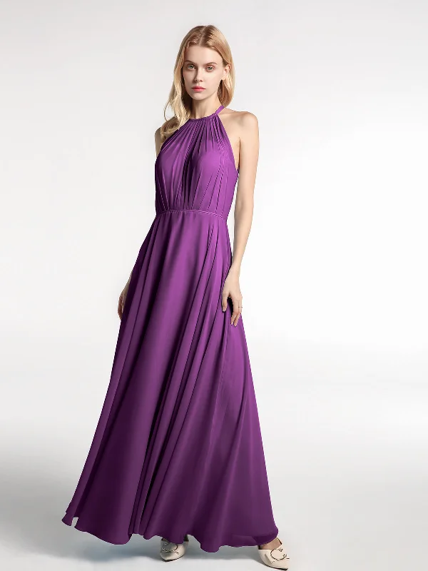 Halter Neck Chiffon Maxi Dress with Circle Skirt-Grape Trendy Fit-and-Flare Maxi Dress