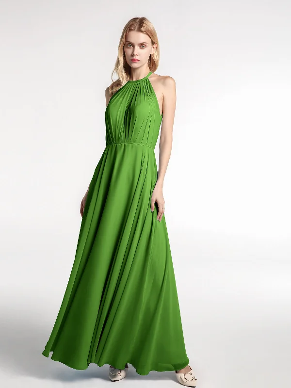 Halter Neck Chiffon Maxi Dress with Circle Skirt-Moss Elegant Maxi Dress with Drapes