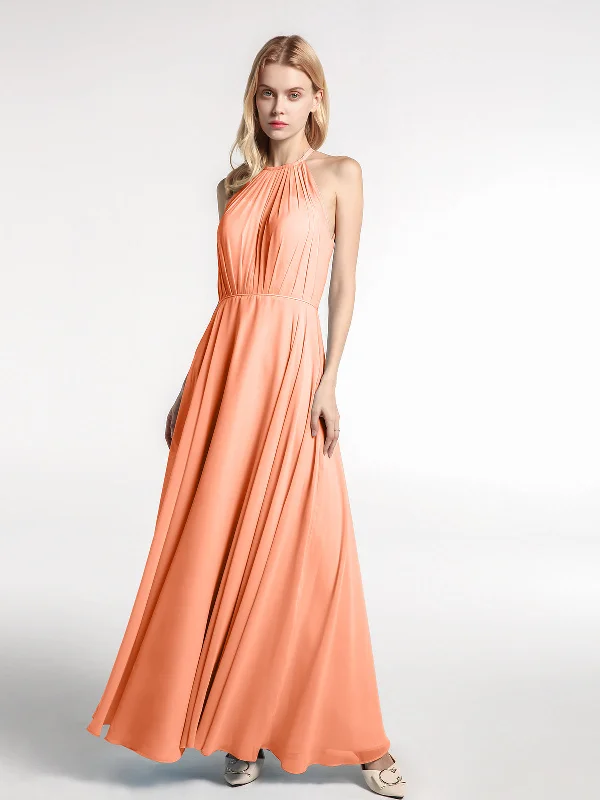 Halter Neck Chiffon Maxi Dress with Circle Skirt-Papaya Elegant Maxi Dress with Belt