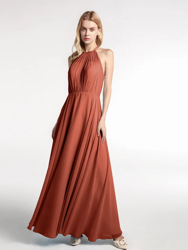 Halter Neck Chiffon Maxi Dress with Circle Skirt-Rust Fashionable Button-Down Maxi Dress