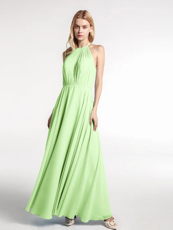 Halter Neck Chiffon Maxi Dress with Circle Skirt-Sage Stylish Maxi Dress with Pleats