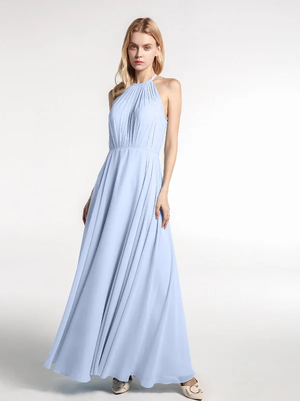 Halter Neck Chiffon Maxi Dress with Circle Skirt-Sky Blue Fashionable Maxi Dress with Fringe