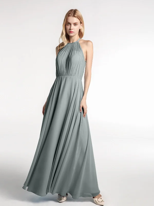 Halter Neck Chiffon Maxi Dress with Circle Skirt-Steel Grey Classic Tulle Maxi Dress