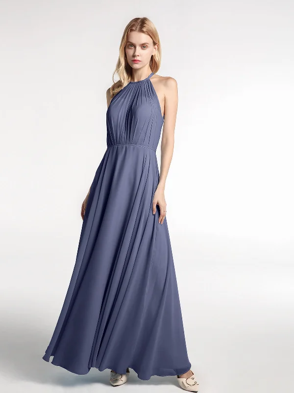 Halter Neck Chiffon Maxi Dress with Circle Skirt-Stormy Comfortable Fit-and-Flare Maxi Dress