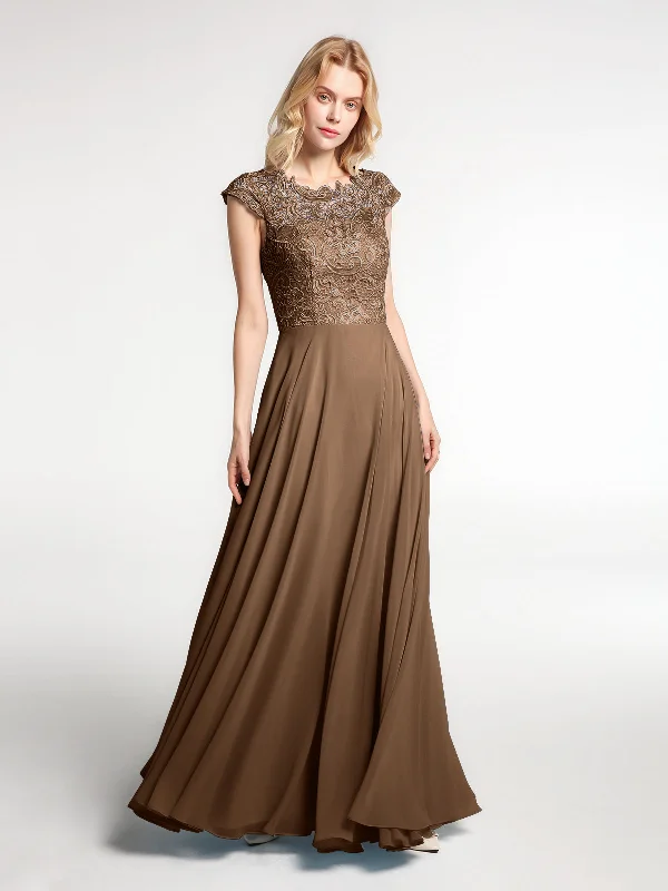 Illusion Wrap Neck Lace and Chiffon Maxi Dress-Brown Stylish Maxi Dress with Frills