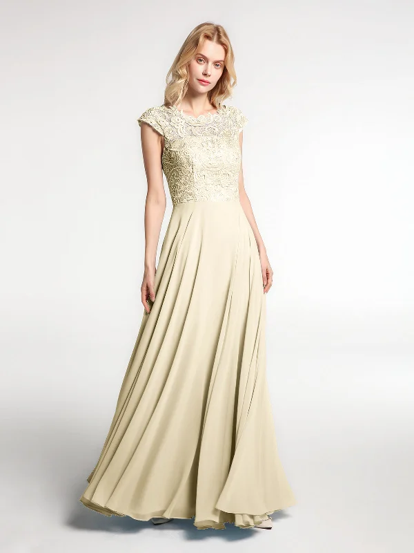 Illusion Wrap Neck Lace and Chiffon Maxi Dress-Champagne Fashionable High-Low Maxi Dress