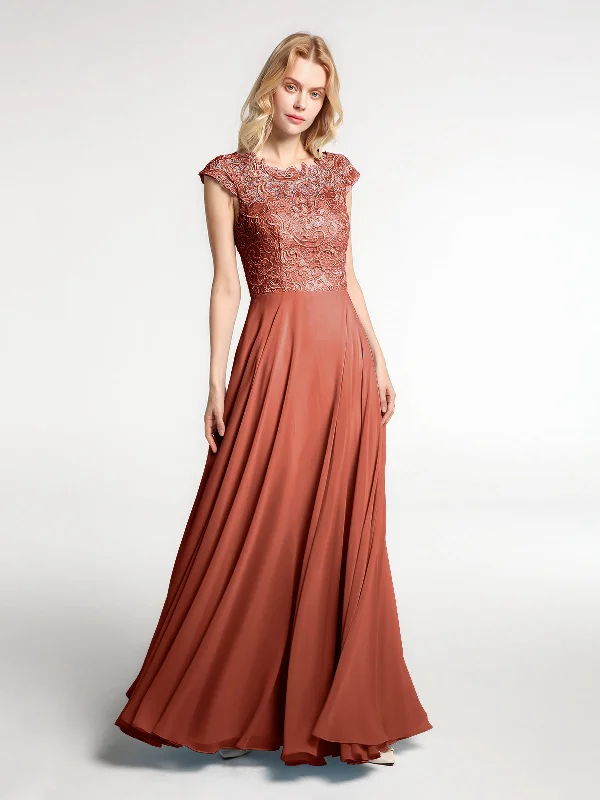 Illusion Wrap Neck Lace and Chiffon Maxi Dress-Rust Trendy Off-Shoulder Ruffle Maxi Dress