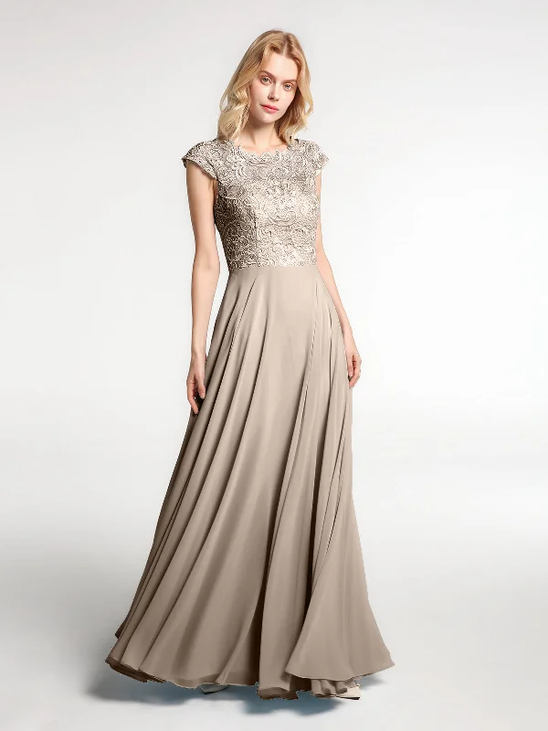 Illusion Wrap Neck Lace and Chiffon Maxi Dress-Taupe Chic Off-Shoulder Maxi Dress