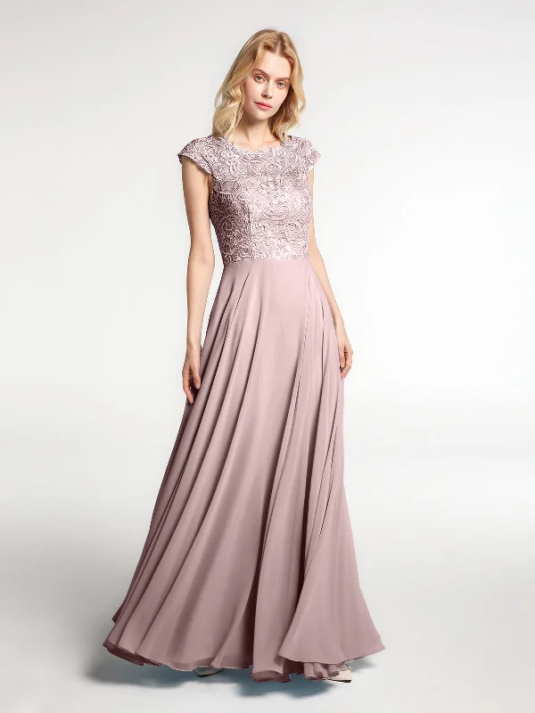 Illusion Wrap Neck Lace and Chiffon Maxi Dress-Vintage Mauve Comfortable Ruffle Hem Maxi Dress