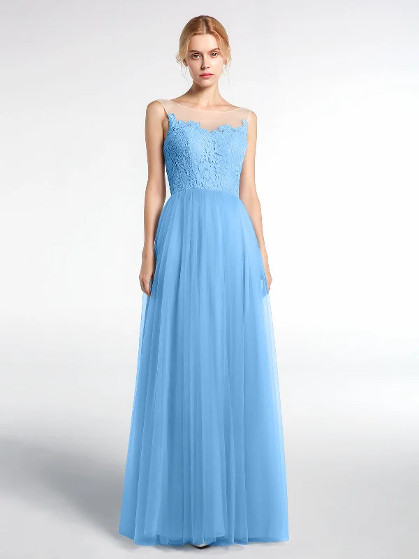 Illusion Neckline Lace and Tulle Maxi Dress-Blue Comfortable Flowy Maxi Dress