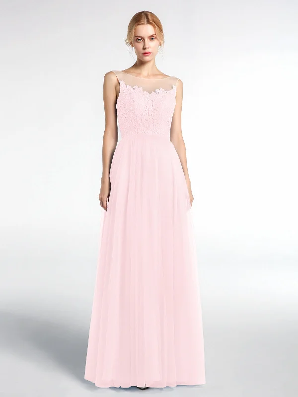 Illusion Neckline Lace and Tulle Maxi Dress-Blushing Pink Cozy Maxi Dress with Slit