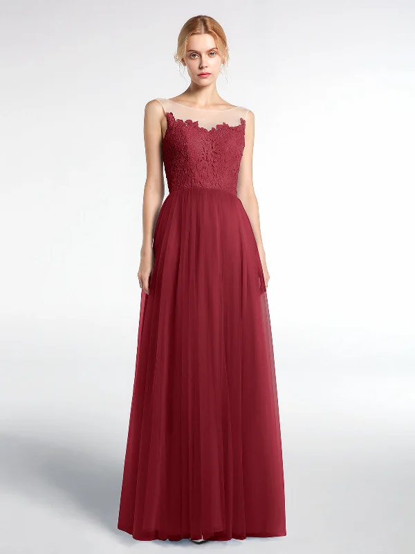 Illusion Neckline Lace and Tulle Maxi Dress-Burgundy Elegant Maxi Dress with Pockets