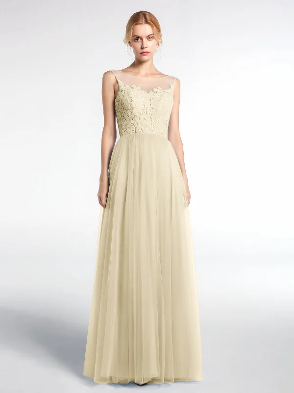 Illusion Neckline Lace and Tulle Maxi Dress-Champagne Cozy Open-Back Maxi Dress