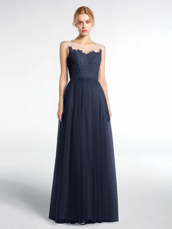 Illusion Neckline Lace and Tulle Maxi Dress-Dark Navy Elegant Maxi Dress with Pockets