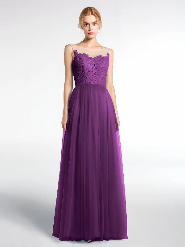 Illusion Neckline Lace and Tulle Maxi Dress-Grape Comfortable Fitted Maxi Dress