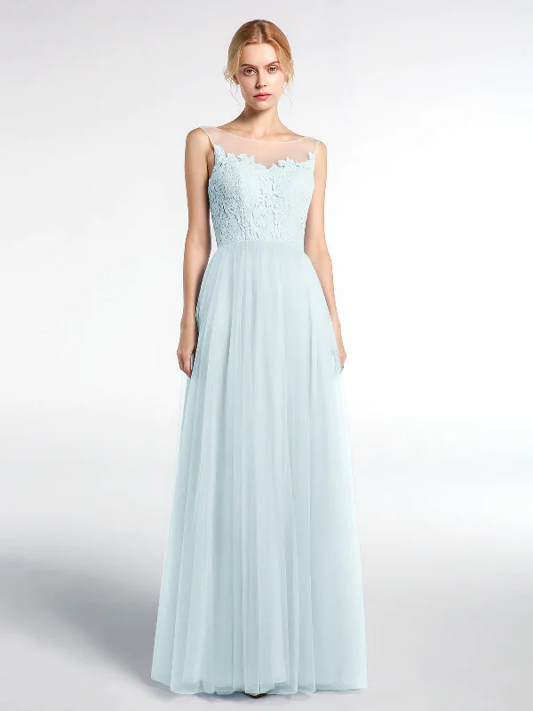 Illusion Neckline Lace and Tulle Maxi Dress-Mist Comfortable Maxi Dress with Slits