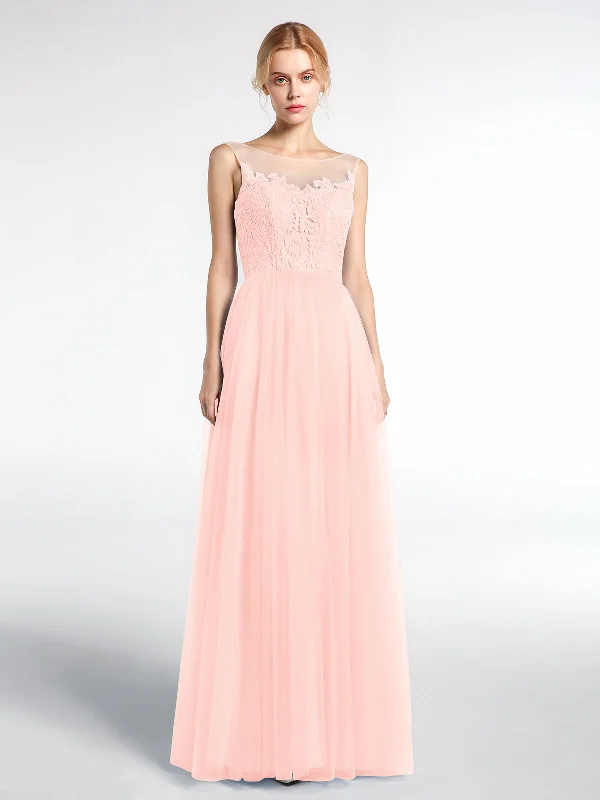 Illusion Neckline Lace and Tulle Maxi Dress-Pearl Pink Elegant Lace Maxi Dress