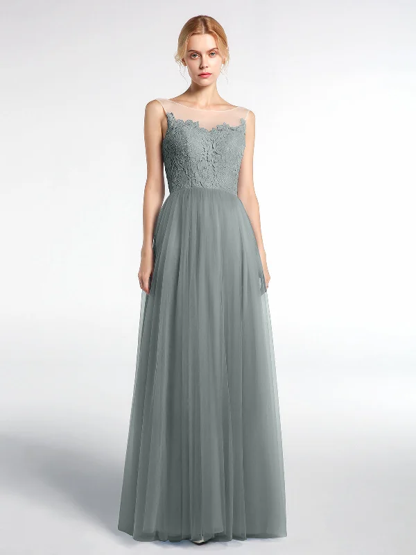 Illusion Neckline Lace and Tulle Maxi Dress-Steel Grey Fashionable Maxi Dress with Fringe