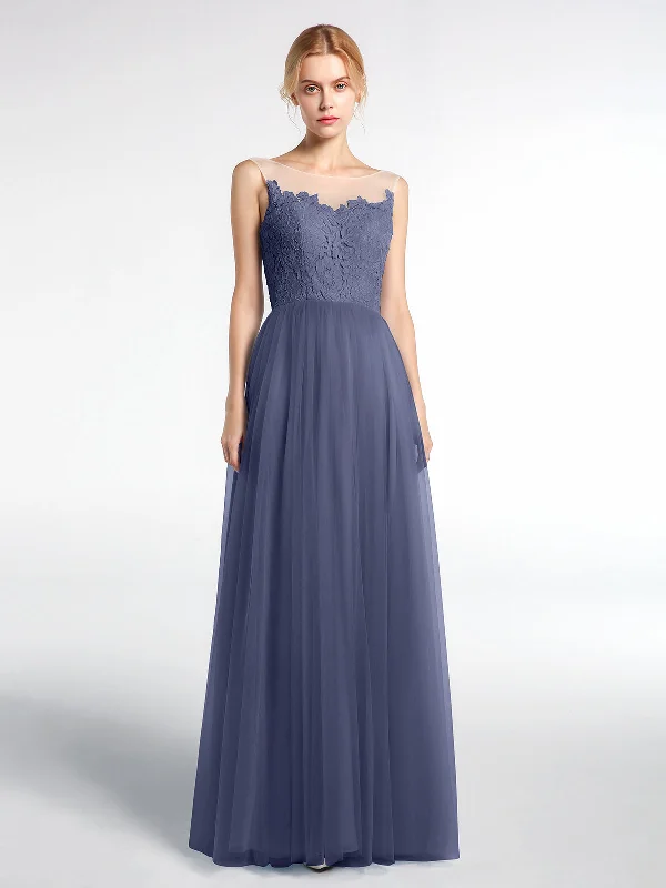 Illusion Neckline Lace and Tulle Maxi Dress-Stormy Cozy Maxi Dress with Slit