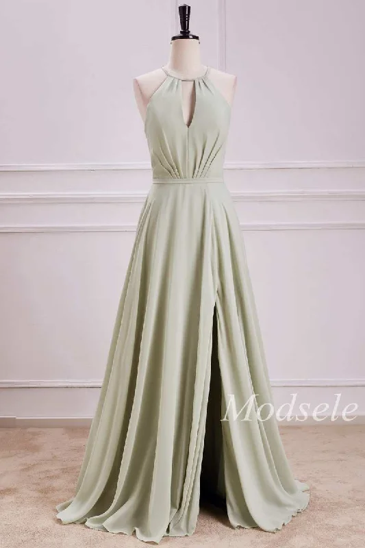 Keyhole Tie-Back A-Line Maxi Dress with Slit Trendy Satin Maxi Dress