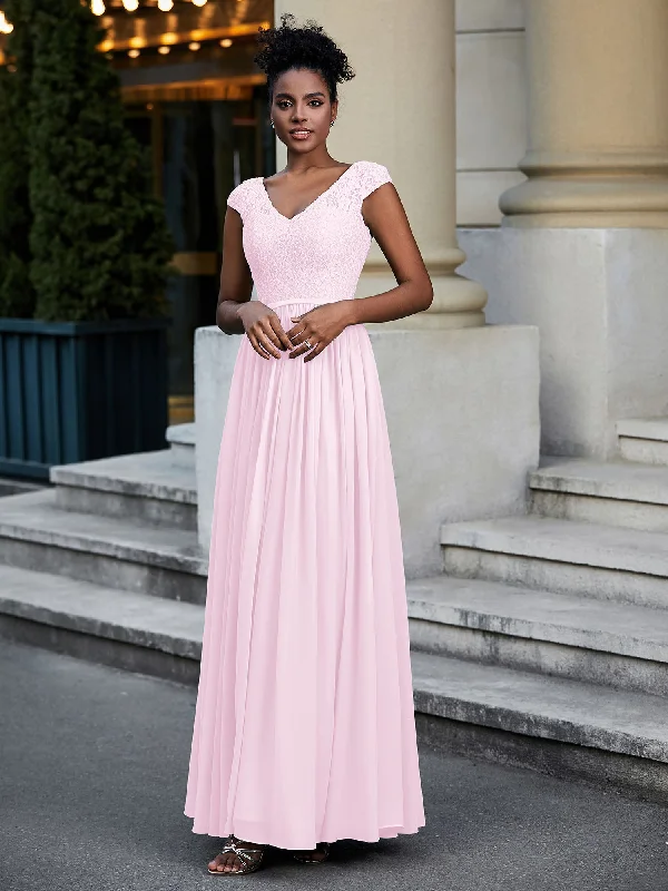 Lace and Chiffon Maxi Dress with Cap Sleeves-Blushing Pink Trendy Short Sleeve Maxi Dress