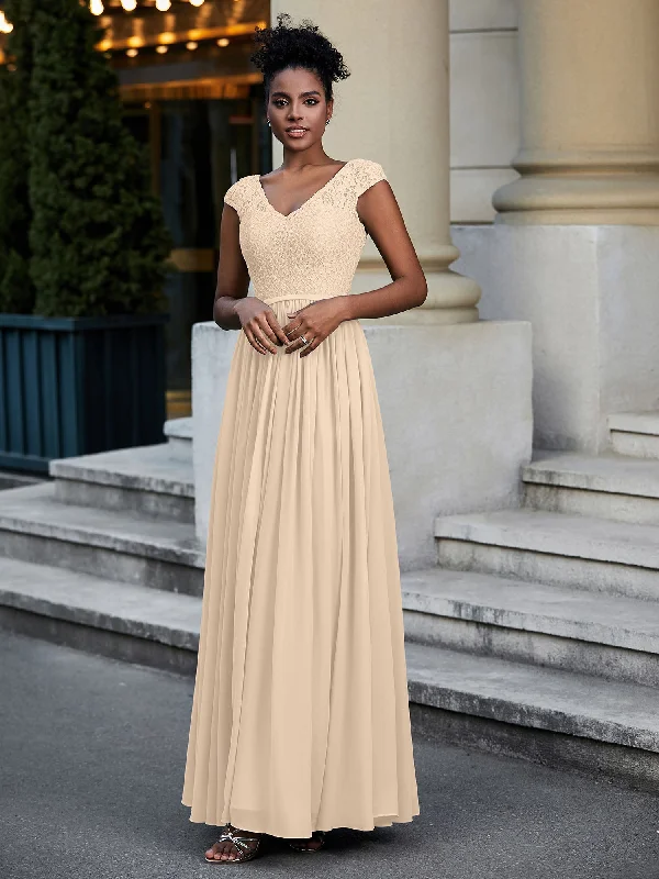 Lace and Chiffon Maxi Dress with Cap Sleeves-Champagne Fashionable Chiffon Tiered Maxi Dress