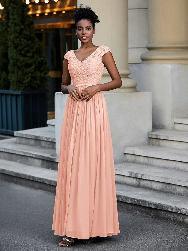 Lace and Chiffon Maxi Dress with Cap Sleeves-Coral Trendy V-Neck Maxi Dress