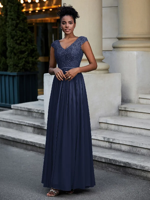 Lace and Chiffon Maxi Dress with Cap Sleeves-Dark Navy Classic Tulle Maxi Dress