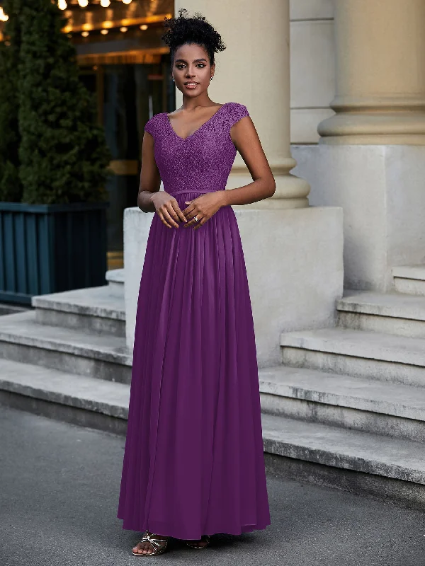 Lace and Chiffon Maxi Dress with Cap Sleeves-Grape Trendy Maxi Dress with Straps