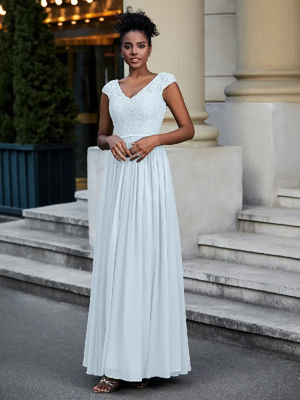 Lace and Chiffon Maxi Dress with Cap Sleeves-Mist Elegant Velvet Maxi Dress